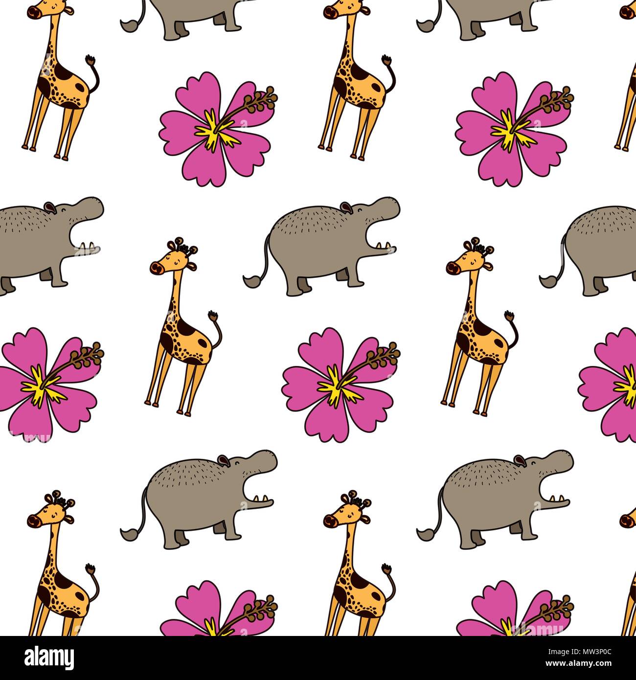 color hippopotamus and giraffe animals with flowers background Stock ...