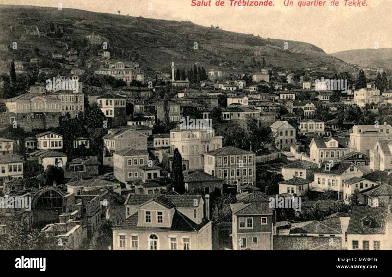 . English: Postcard of Trebizond (Trabzon, Turkey) with a view of the Tekke Neighborhood. 15 June 2014, 13:04:11. Osman Nuri 589 Tekke, Trebizond Stock Photo