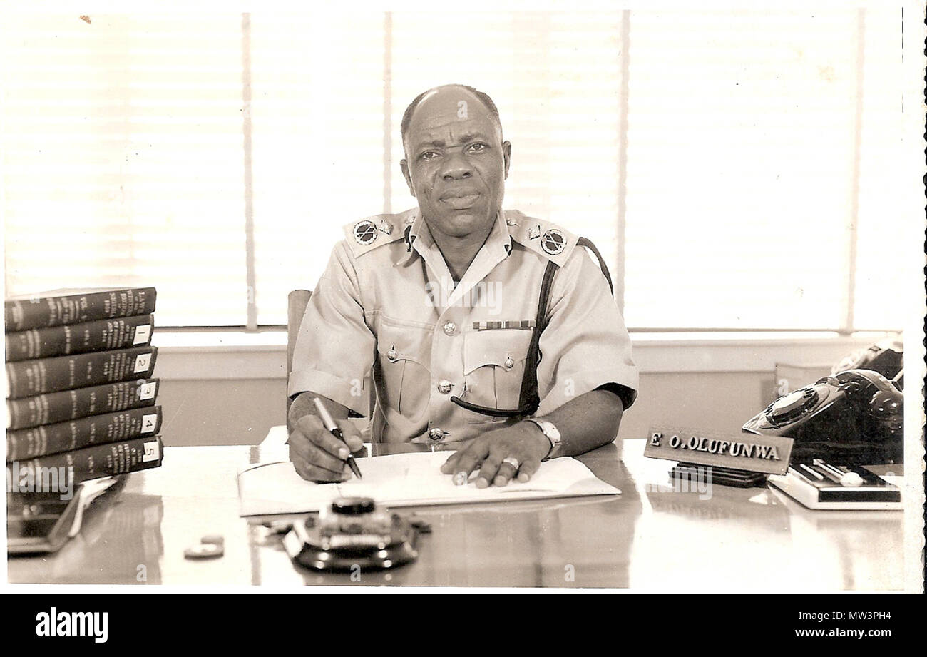 . English: Police Career Olufunwa soon felt there was not much mileage to the teaching profession at the time. His belief in discipline, fairness, justice, the uniformed Force and encouragement from Rev. Hodges attracted him to the Police Force, which he joined in 1937. This decision astounded his colleagues and relatives alike, especially as he had to take a huge drop in salary. However, convinced he made the right decision there was no looking back. He was absolutely determined to succeed. He had his early Police training in Eastern and Northern Nigeria. Whilst in Training he studied Hausa L Stock Photo