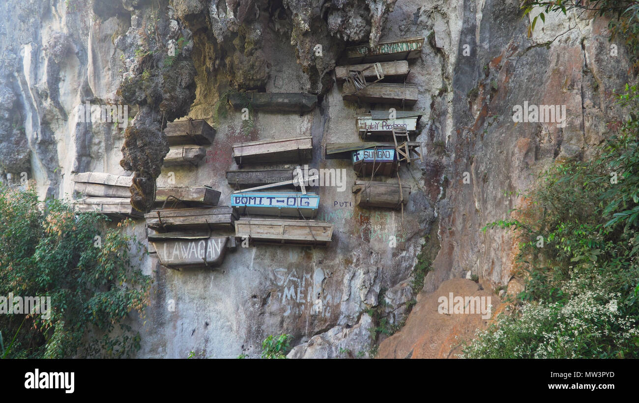 Tourist attraction Hanging coffins of Sagada. Philipphines hanging cemetery in the mountain cliff. Philippines, Luzon. Stock Photo