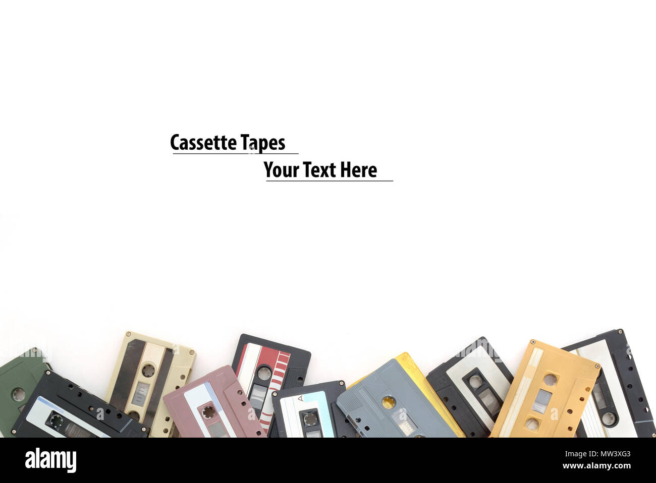 Frame of retro cassette tapes on white background. Top view. Flat lay