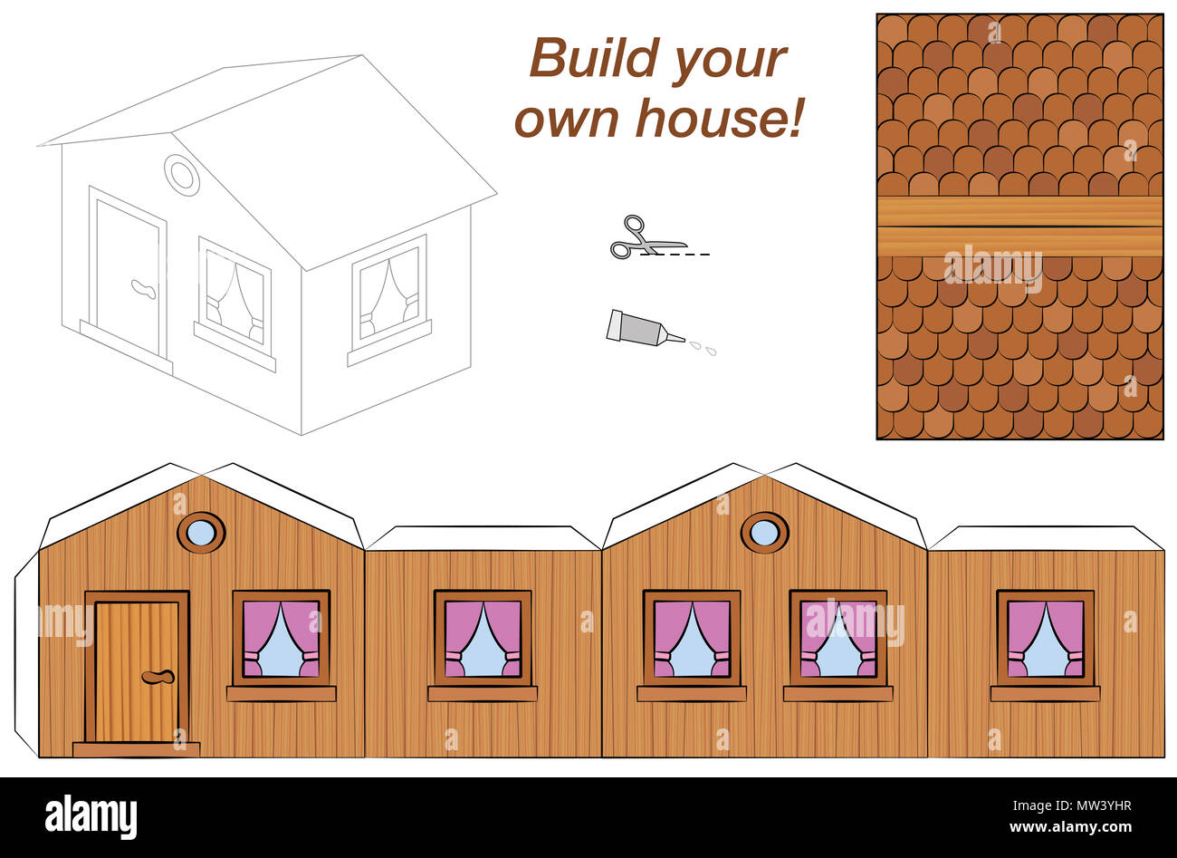 House template - sweet pink comic cottage - cut out, fold and glue it - illustration on white background. Stock Photo