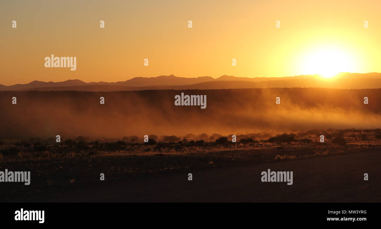 Dust from the road during the sunset on the savannah Stock Photo