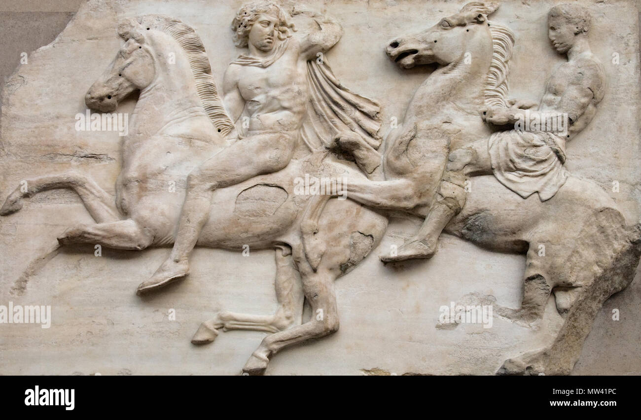 . English: Section of the Elgin Marbles, originally on the Parthenon, now in the British Museum . 4 June 2010. Own photography of 5th century BC sculpture 183 Elginmarblesalpha Stock Photo