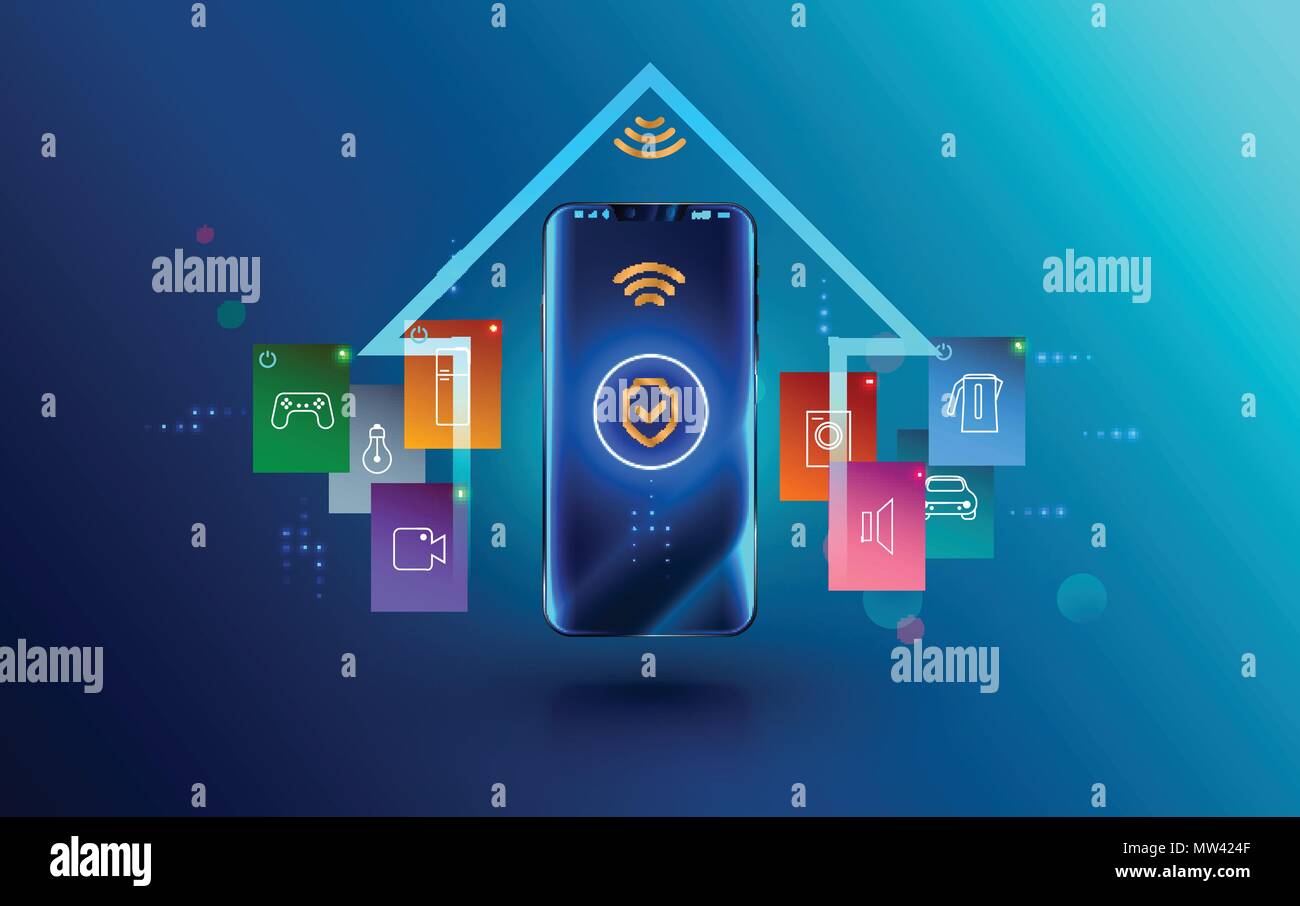 Smartphone connected with smart home via protected wireless connection. Shield symbol security of iot or internet of things on screen phone. House aut Stock Vector