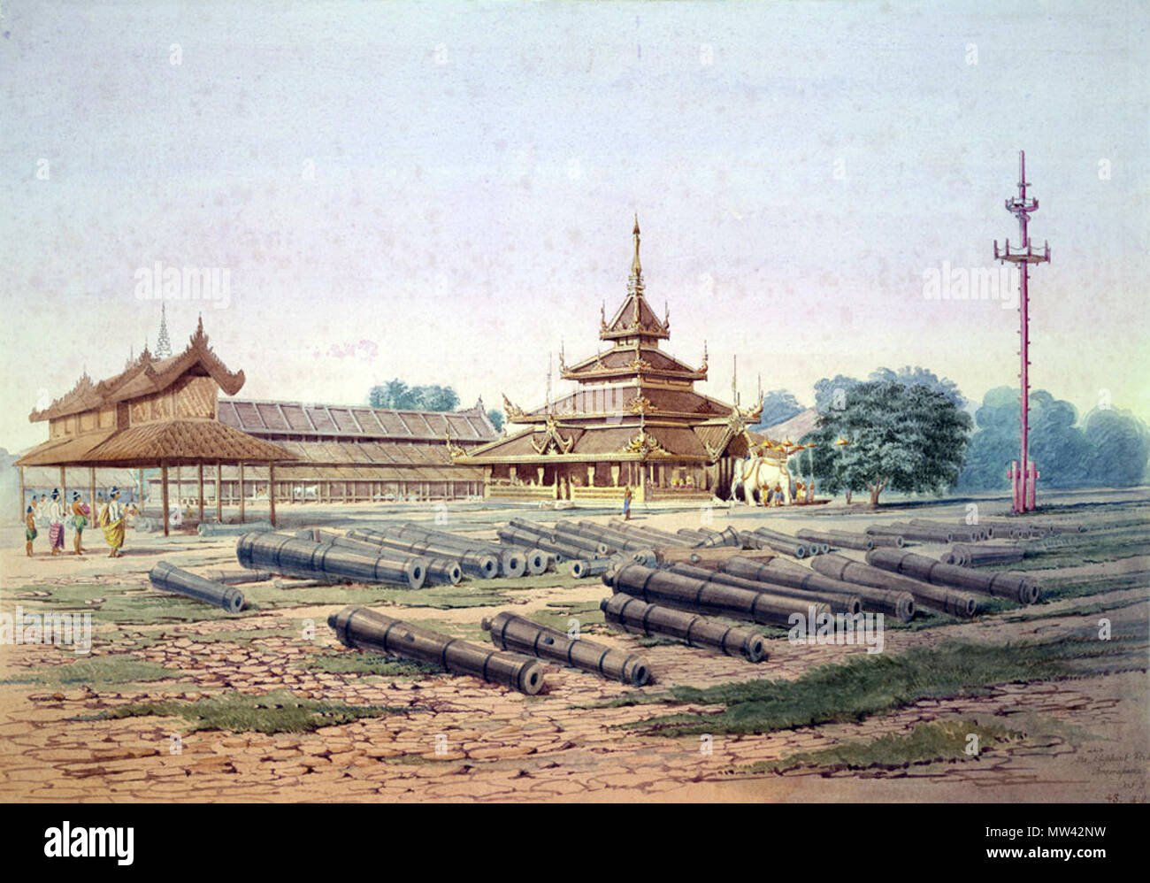 . English: Watercolour with pen and ink of the ceremonial pavilion in the Palace occupied by a rare and auspicious white elephant kept by the King from 'A Series of Views in Burmah taken during Major Phayre’s Mission to the Court of Ava in 1855' by Colesworthy Grant. This album consists of 106 landscapes and portraits of Burmese and Europeans documenting the British embassy to the Burmese King, Mindon Min (r.1853-1878). The mission to Amarapura took place after the Second Anglo-Burmese War in 1852 and the annexation by the British of the Burmese province of Pegu (Bago). It was despatched by th Stock Photo