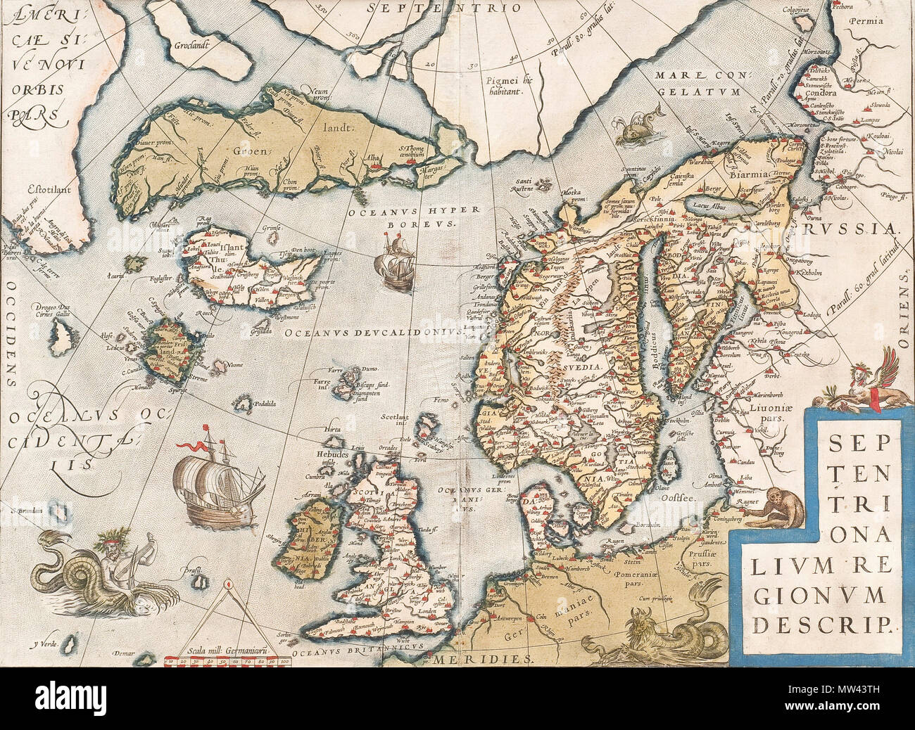 . English: A MAP OF SCANDINAVIA. Septentrionalen Regionum Descript. Abraham Ortelius. Antwerpen, late 16th century. Coloured. 36x49,5 cm. 5 November 2010, 18:44:03. Unknown 6 16th century map of Scandinavia Stock Photo