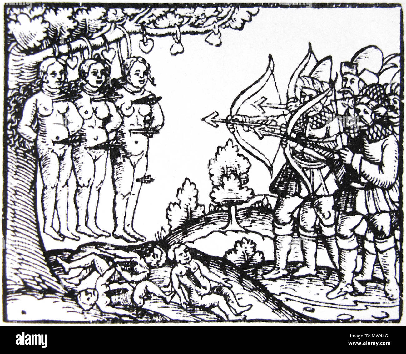 . Russian atrocities in Livonia in XVI century (using women for archery target practice) . 16th century. Anonymous plate 532 Russian atrocities in Livonia ib XVI century Stock Photo