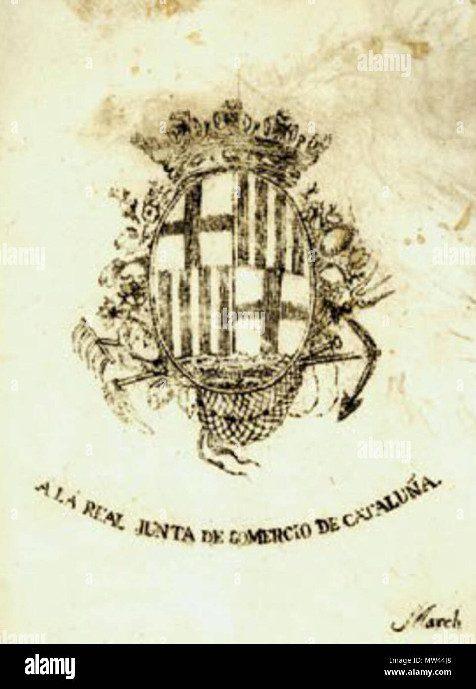 . English: Coat of Arms of Catalonia Español: Escudo de armas de Cataluña . 1815. Josep March 134 Coat of Arms of Catalonia-Josep-March-1815 Stock Photo