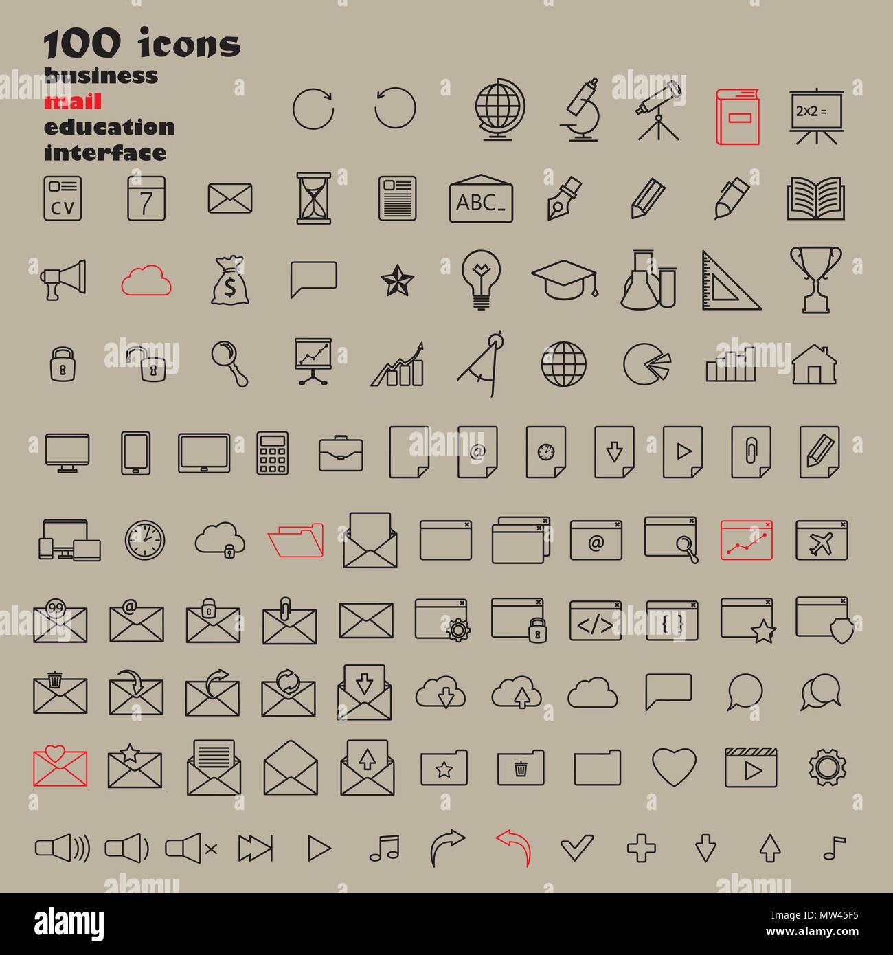 Set of 100 Minimal Modern Thin Stroke Black Icons Stock Vector