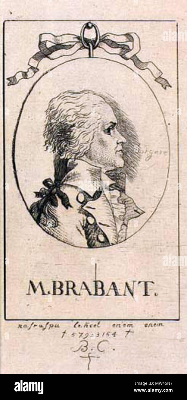 . English: Te- og porcelænshandler Michael Brabrand (født 1755). I Frederik C. Krohn, Fortegnelse over danske kobberstik etc., 1889, no. 1800 står der: 'Brystb. i Profil t. H. i en oval Medaillon, ophængt i en Fiirkant. Han udsiger Ordet 'borgere'. Undersk. foranst., og under Rammen: 'nashrahpu lekcet enem enem + 57933154 + B. C. + (læst omvendt: 'mene mene teckel upharsan'). Af Lahde.' . Late 1700s. Gerhard Ludvig Lahde 414 Michael Brabrand Stock Photo