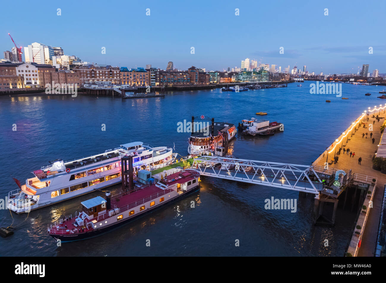 England, London, Shad Thames, View of River Thames and Docklands Skyline Stock Photo