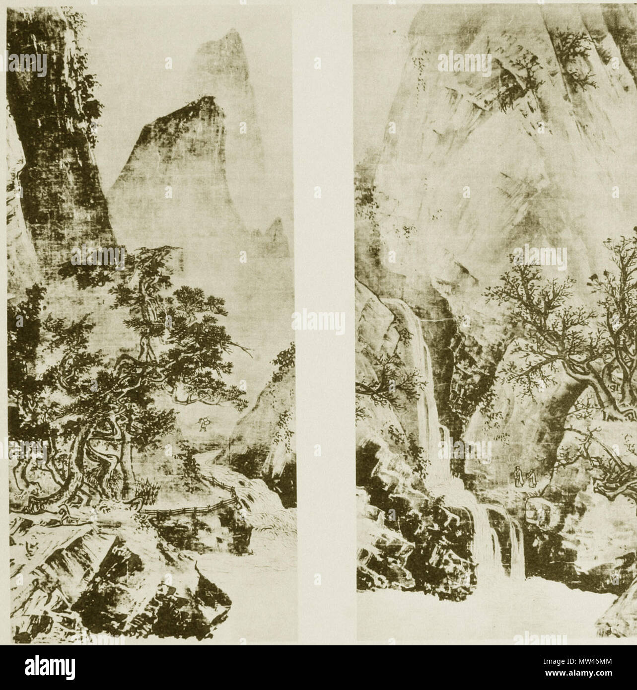 . English: Landscape , hanging scroll landscapeTwo hanging scrolls, ink on silk, 98.1 × 43.4 cm (38.6 × 17.1 in), Li Tang? , Southern Song Dynasty, Kōtō-in, Kyoto, Japan . 20 March 1955. Association of Cultural Properties 358 Landscapes Kotoin Stock Photo