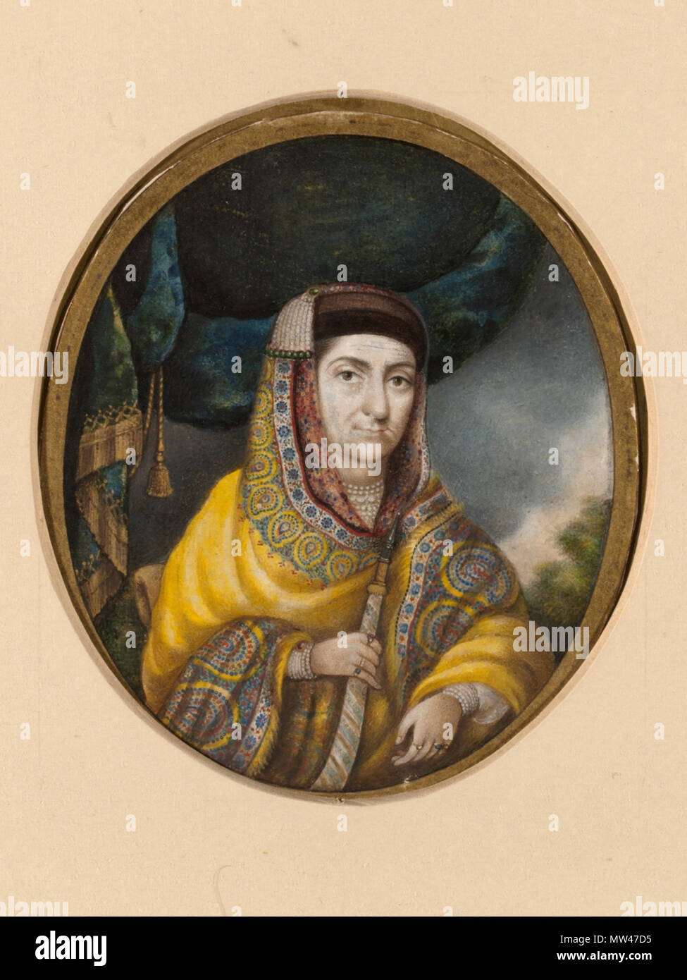 . English: This Company painting is by Jiwan Das of Delhi and is a portrait of Begam Samru, a remarkable Kashmiri woman who started out as a dancing-girl. She originally married the adventurer Walter Reinhardt, who sailed to India in 1745, jumped ship and enlisted with the French. He was later recruited by the Mughal Governor in Bengal. He led an army which defeated the Honourable East India Company’s army and was ultimately given the fiefdom of Sardhana. Following his death, Begam Samru inherited his army of six well-trained and disciplined infantry battalions, and she even led her troops int Stock Photo