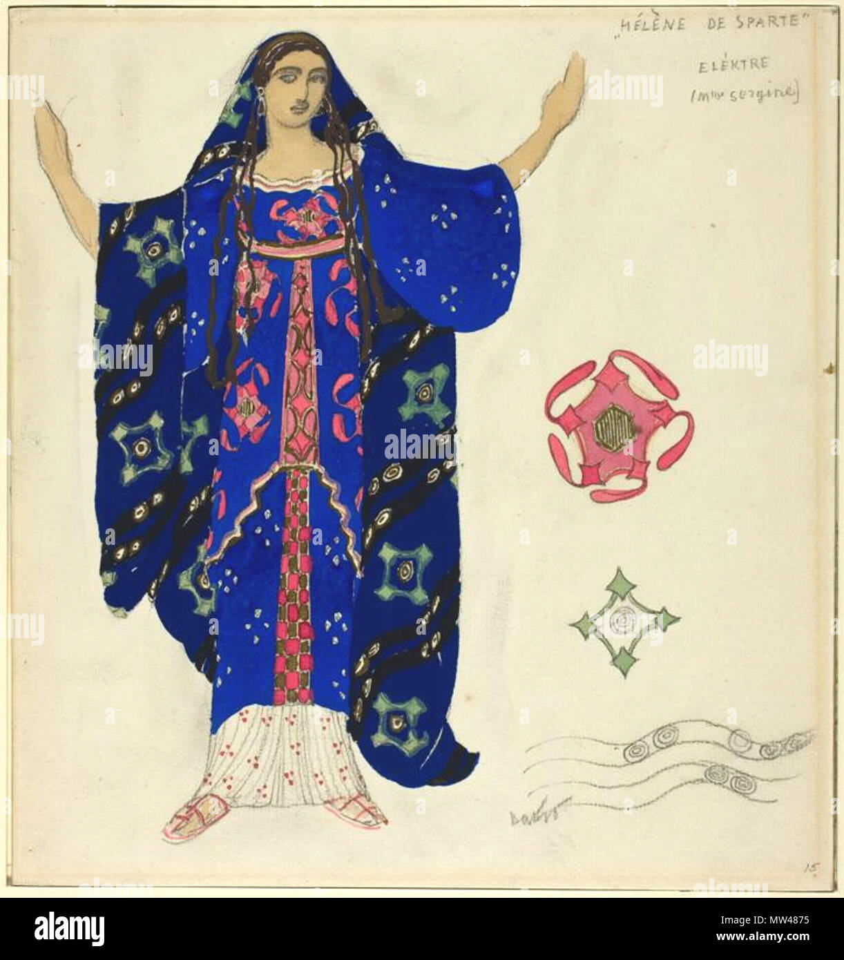 . Léon Bakst Russian, 1868-1924 Costume Design for Electra, for Helen of Sparta, n.d. Gouache and watercolor, with graphite and metallic paint, on ivory laid paper, laid down on tan board 270 x 254 mm Sidney A. Kent Fund, 1920.2523 . 20th century. Bakst 182 Electra, for Helen of Sparta by L.Bakst Stock Photo