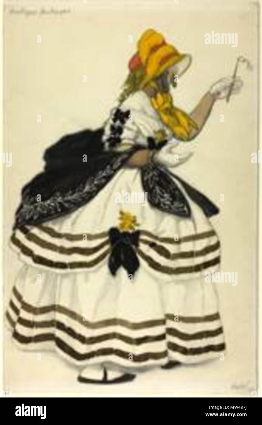 . Léon Bakst Russian, 1868-1924 Costume Design for Woman with a Lorgnette, for Ballet Boutique Fantastique, 1918 Watercolor and graphite, with touches of gouache and gold metallic paint, on ivory laid paper, laid down on gray board 450 x 294 mm Sidney A. Kent Fund, 1920.2524 . 1919. bakst 353 La boutique fantastique by L. Bakst 06 Stock Photo