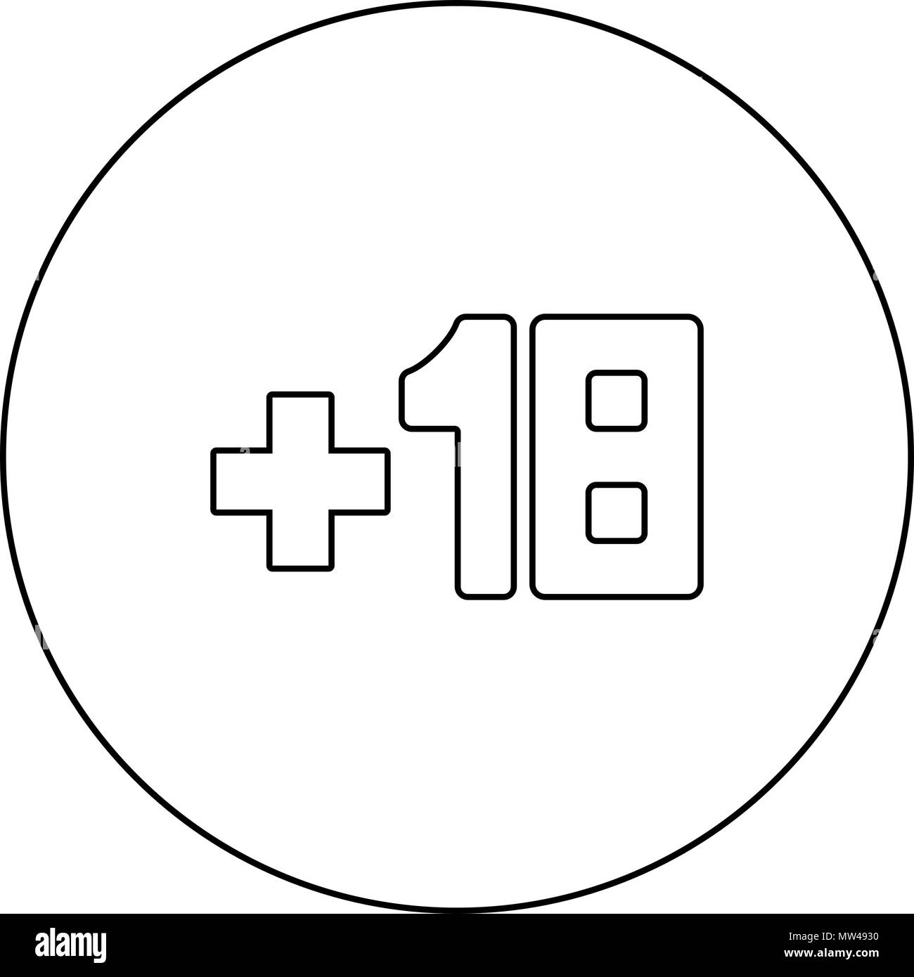 Plus eighteen +18 black icon in circle outline vector I isolated Stock Vector