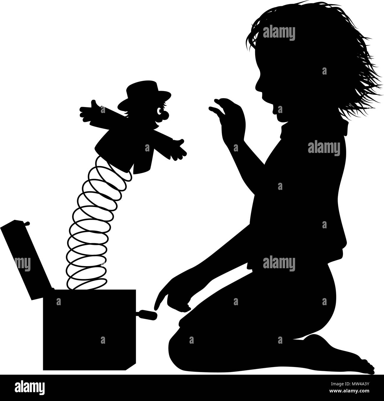 Editable vector silhouette of a young girl surprised by a jack-in-the-box toy Stock Vector