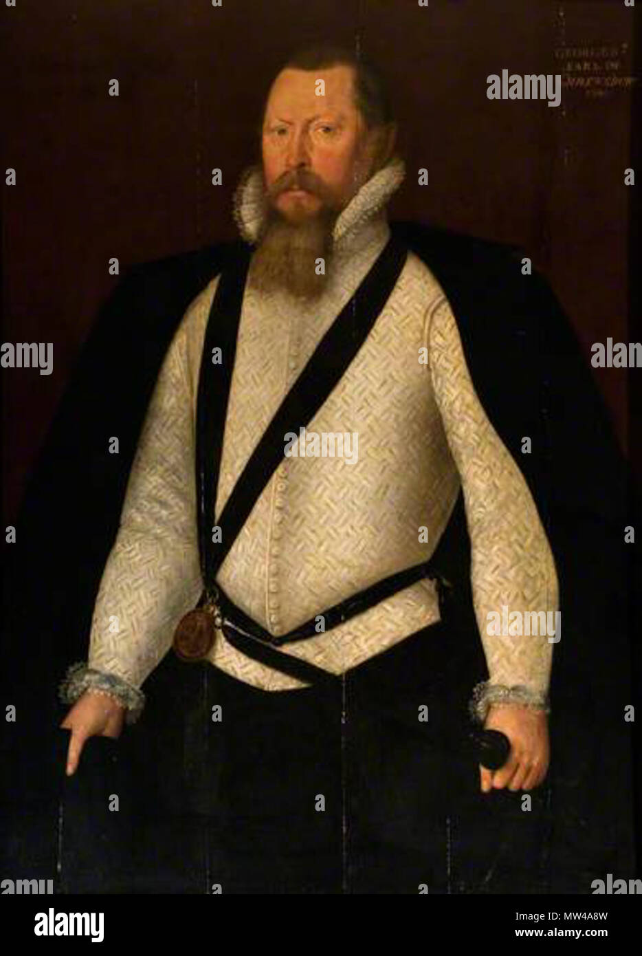. English: Portrait of George Talbot, 6th Earl of Shrewsbury, by an unknown artist of the English school. Dated 1580. Oil on canvas, 110 cm x 90 cm. Courtesy of the collections of Ingestre Hall Residential Arts Centre. 18 January 2012, 04:33:24. unknown painter of the English school 239 George Talbot, 6th Earl of Shrewsbury by an unknown artist 1580 Stock Photo