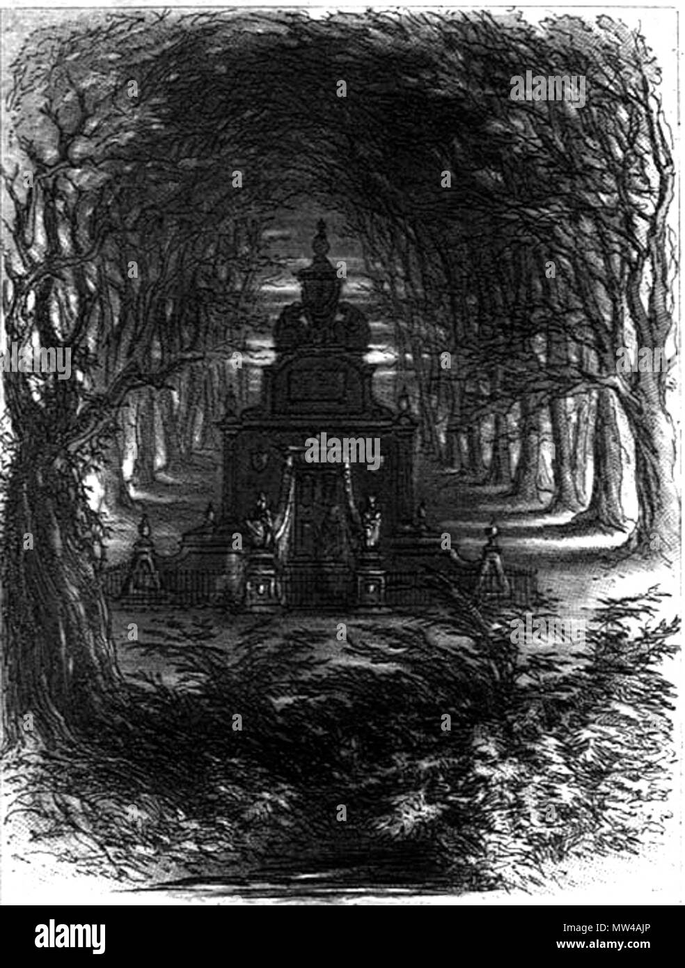 . English: The Mausoleum at Chesney Wold Phiz (Hablot K. Browne) 1853 Etching 5 3/16 x 3 7/16 inches on a page of 8 7/16 x 5 inches Facing p. 619 (ch. 66, 'Down in Lincolnshire') — the first page of the brief final chapter of Dickens's Bleak House . 6 February 2012, 15:13:18. Hablot Knight Browne (Phiz) 597 The Mausoleum at Chesney Wold Stock Photo