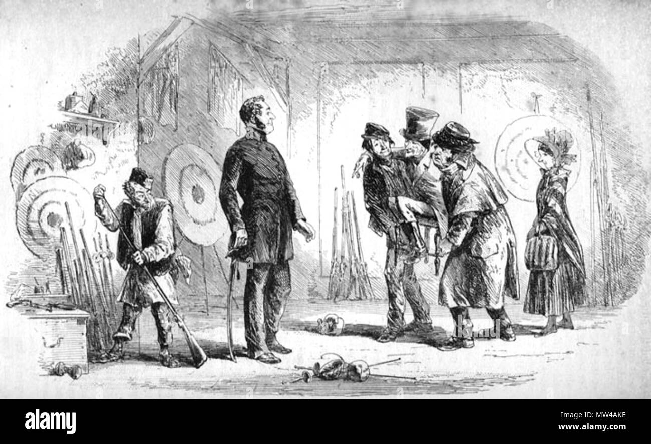 . English: Visitors to the Shooting Gallery by 'Phiz' (Hablot Knight Browne) for Bleak House, p. 261 (ch. 26, 'Sharpshooters'). 4 3/16 x 8 9/16 inches. 6 February 2012, 15:16:11. Hablot Knight Browne (Phiz) 635 Visitors to the Shooting Gallery Stock Photo