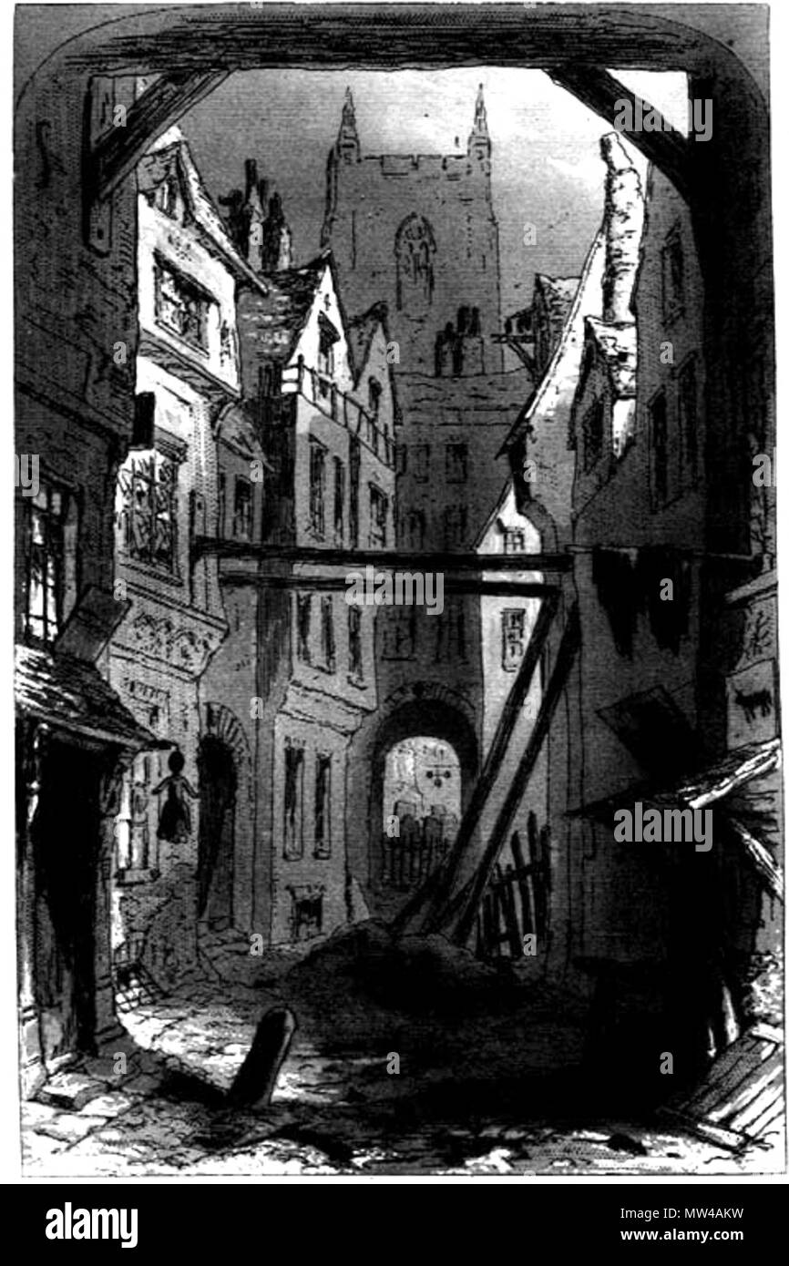 . English: Tom All Alone's Phiz (Hablot K. Browne) 1853 Etching 5 x 3 3/8 inches on a page of 8 7/16 x 5 inches Facing p. 442 (ch. 46, 'Stop Him!') of Dickens's Bleak House. [Although the text calls this area 'Tom-all-Alone's,' the caption in the first edition has 'Tom all alone's' — no hyphens and different capitalization. The Oxford Illustrated Dickens, which rather bizarrely puts the plate several pages into the following chapter — 14 pages from where it should appear — has 'Tom-all-Alone's.'] . 6 February 2012, 15:17:56. Hablot Knight Browne (Phiz) 609 Tom-All-Alone's Stock Photo