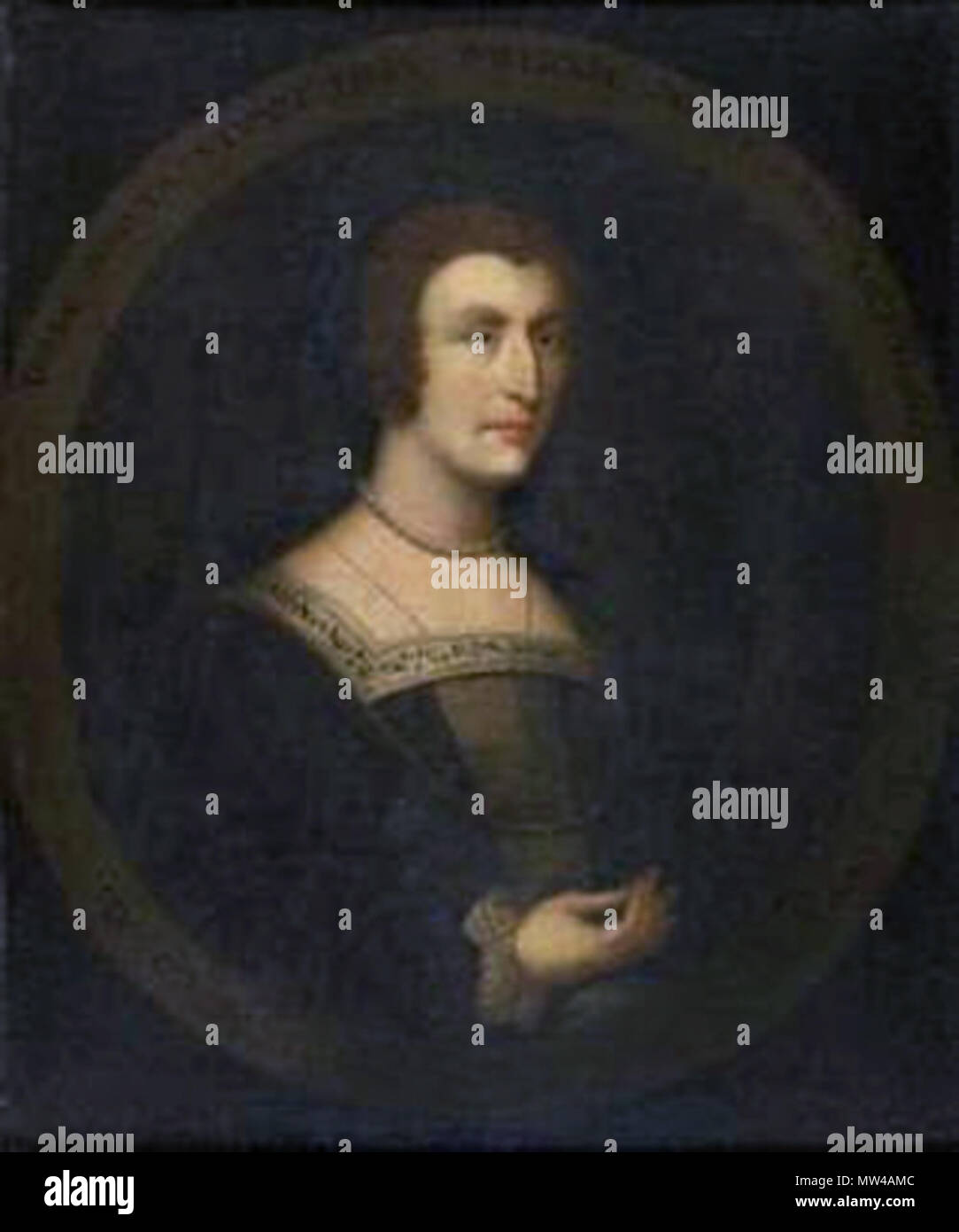 . English: Janet Stewart, Lady Fleming (1502-1562), illegitimate daughter of James IV of Scotland, mistress to Henry II of France, portrait by George Jamesone (signed, oil on canvas, feigned oval 86cm x 74cm (34in x 29in) . 7 February 2012. George Jamesone (ca. 1587-1644) 356 Lady Janet Stewart by George Jamesone Stock Photo