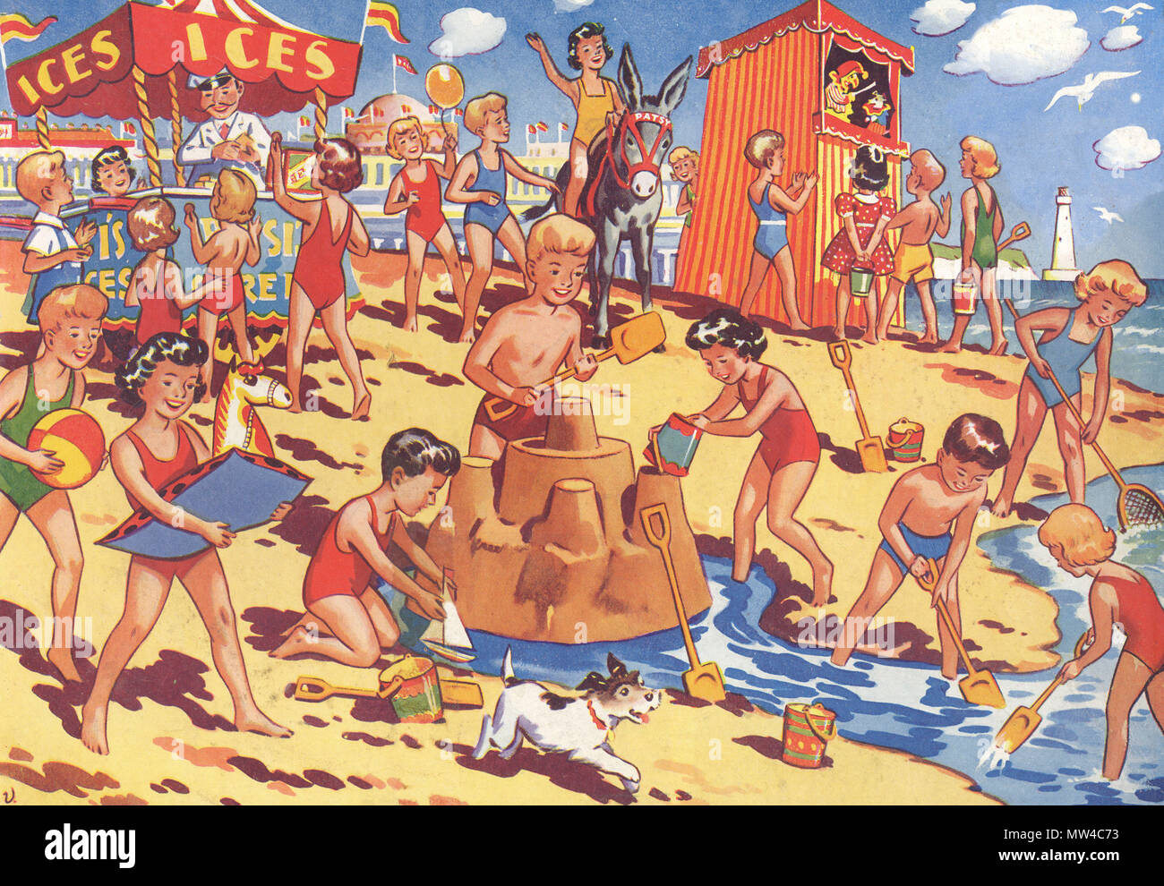 Vintage seaside illustration, 1950s. This charming illustration adorned