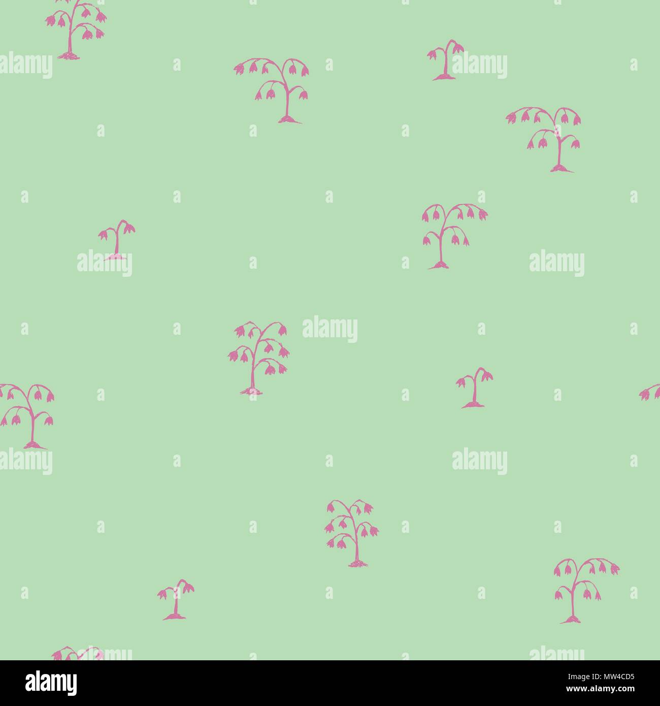 Seamless vector sketch flowers pattern pink on green Stock Vector