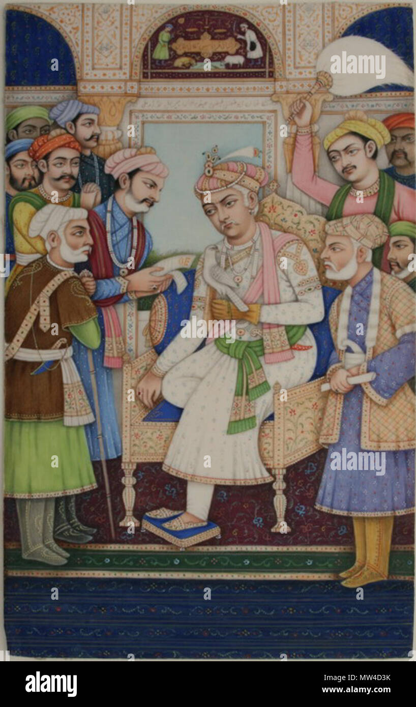 . Posthumous portrait of Mughal Emperor Akbar enthroned with hawk ...
