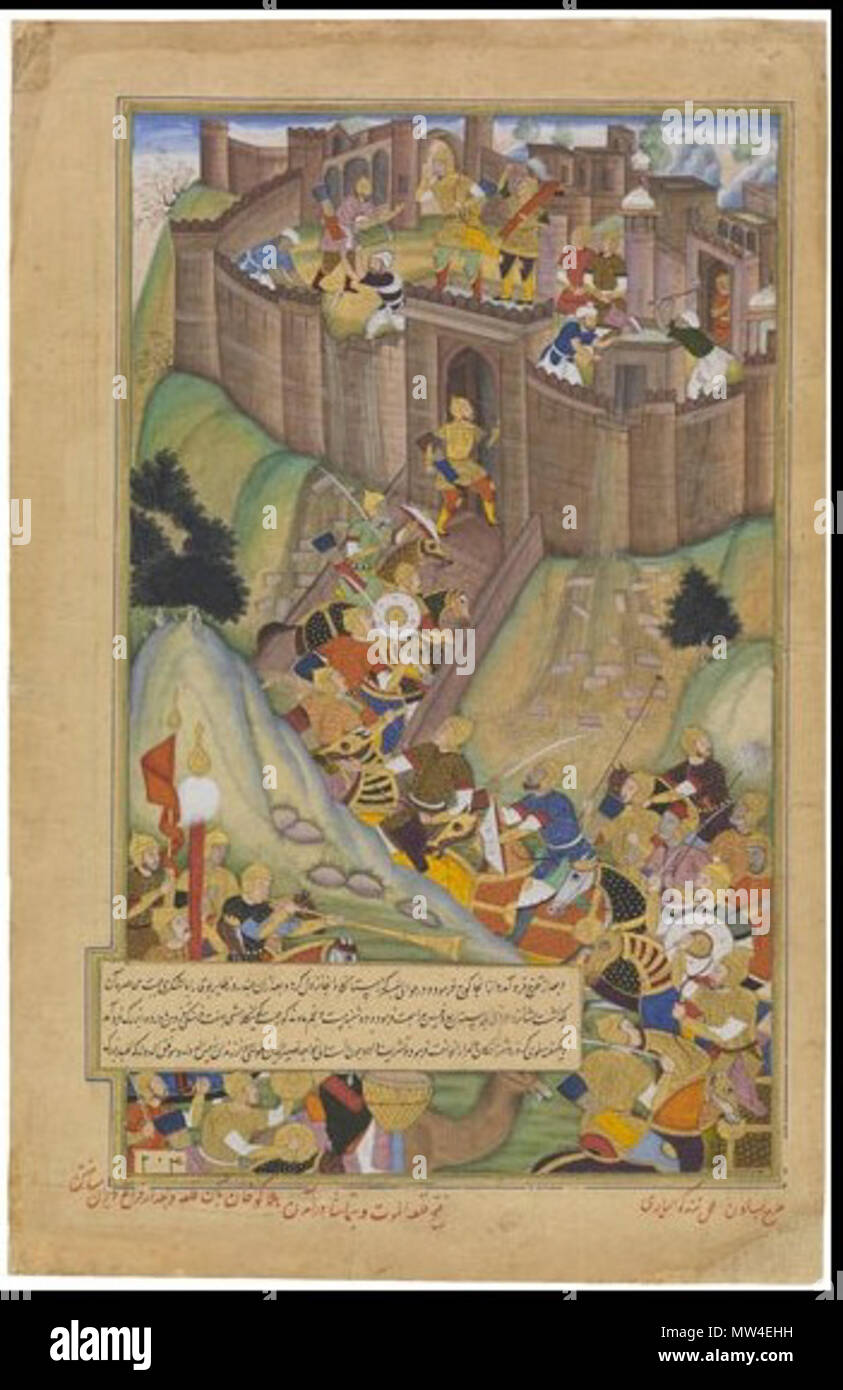 . English: Designed by Basawan; Colored by Nand Gwaliori (Indian, North India, Mughal, Akbar period) Page From a Chinghiz-Nama Manuscript: Hulagu Khan Destroy the Fort at Alamut ca. 1596 Opaque watercolor and ink on paper 15.25 x 9.875 in. 38.74 cm. x 25.08 cm. Nasli and Alice Heeramaneck Collection, Gift of Paul Mellon 68.8.53 . circa 1596. Designed by Basawan; Colored by Nand Gwaliori (Indian, North India, Mughal, Akbar period) 287 Hulagu Khan Destroy the Fort at Alamut Stock Photo