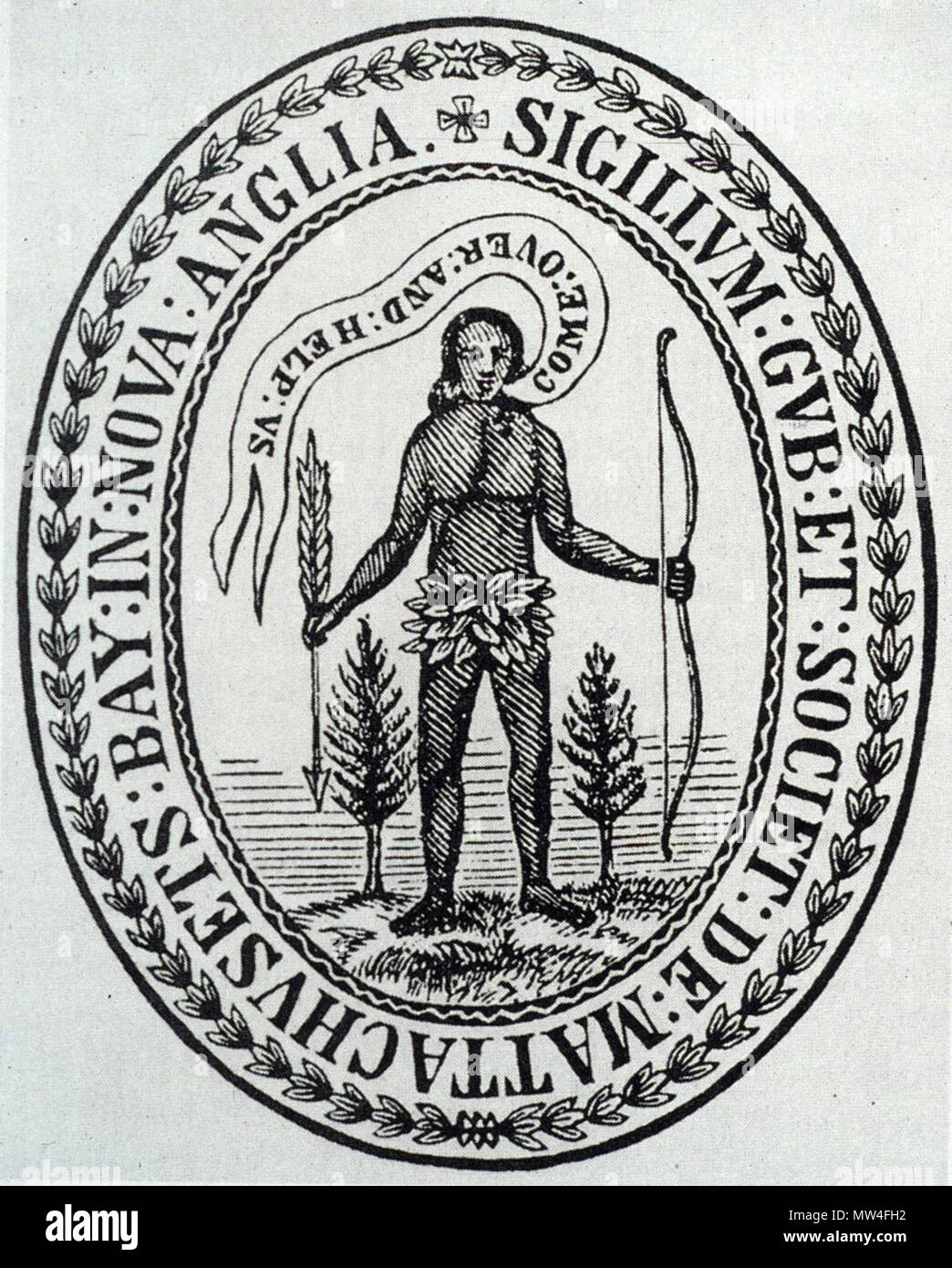 . English: Massachusetts Seal: In 1629, King Charles I granted a charter to the Massachusetts Bay Colony, which included the authority to make and use a seal. It featured an Indian holding an arrow pointed down in a gesture of peace, and the unlikely words 'Come over and help us,' emphasizing the missionary and commercial intentions of the original colonists. 28 November 2012, 06:28:08. Unknown 405 Massachusetts Bay Colony Seal, 1629 Stock Photo