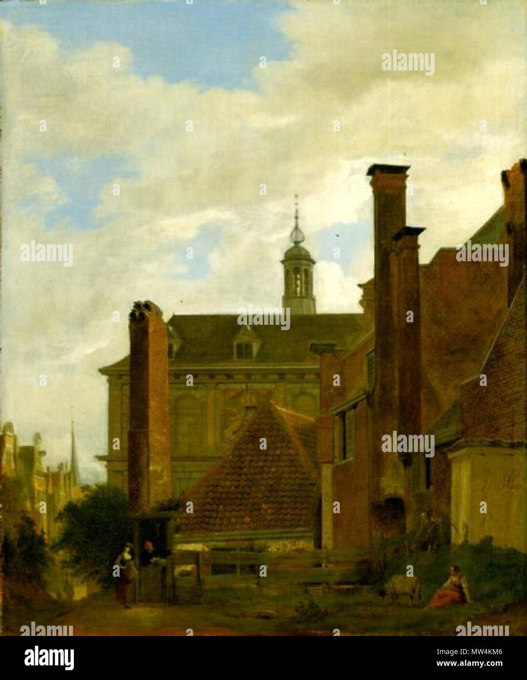 .  English: The painting presents the rear view of the old Amsterdam Exchange - built by Hendrick de Keyser (1608-11) and torn down in the 19th century. Deviating from the actual topography and ignoring the canal that ran behind the building, van der Heyden combines it with the rear of a patrician mansion and a shingled, medieval-looking cottage. These two building create a highly picturesque and almost rural ensemble of rear courtyards. A true mood painter, van der Heyden is content to suppress topographical accuracy in favour of a lasting impression of the character of a Dutch city. . 6 Octo Stock Photo