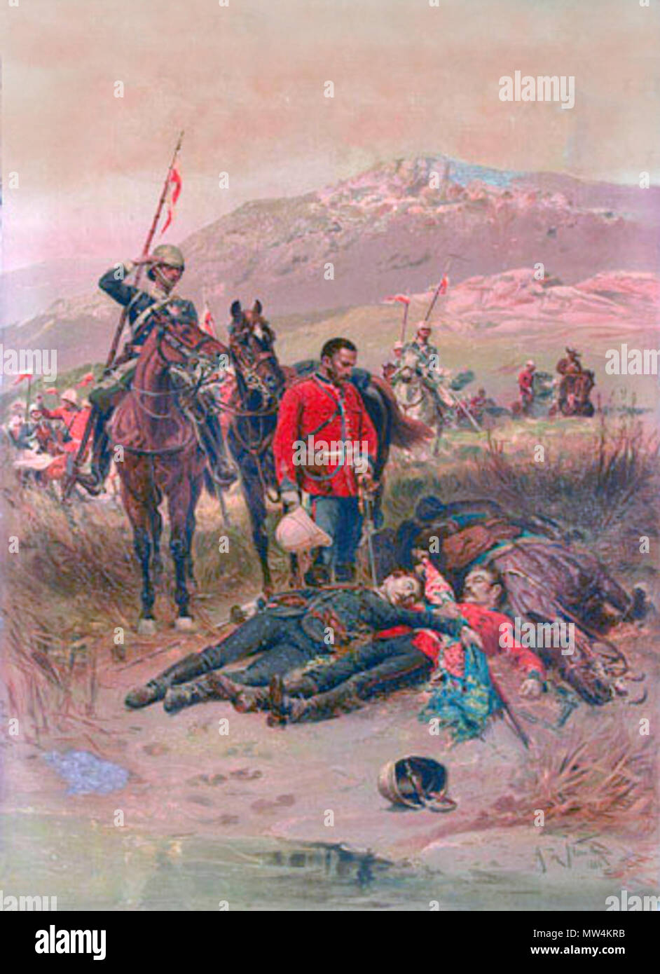 . English: Prev - 1 of 1 results - Next » 'Last Sleep of the Brave', Isandlwana, Zulu War, 1879. Oleograph after Alphonse de Neuville, 1881. This work depicts a patrol from the 17th (Duke of Cambridge's Own) Lancers discovering the bodies of Lieutenant Teignmouth Melvill and Lieutenant Nevill Josiah Aylmer Coghill, 24th (2nd Warwickshire) Regiment of Foot, who were both killed attempting to save the Queen's Colour of the 1st Battalion at the Battle of Isandlwana on 22 January 1879. The depiction of the 17th Lancers is however anachronistic as when the bodies were retrieved the lancers had yet  Stock Photo