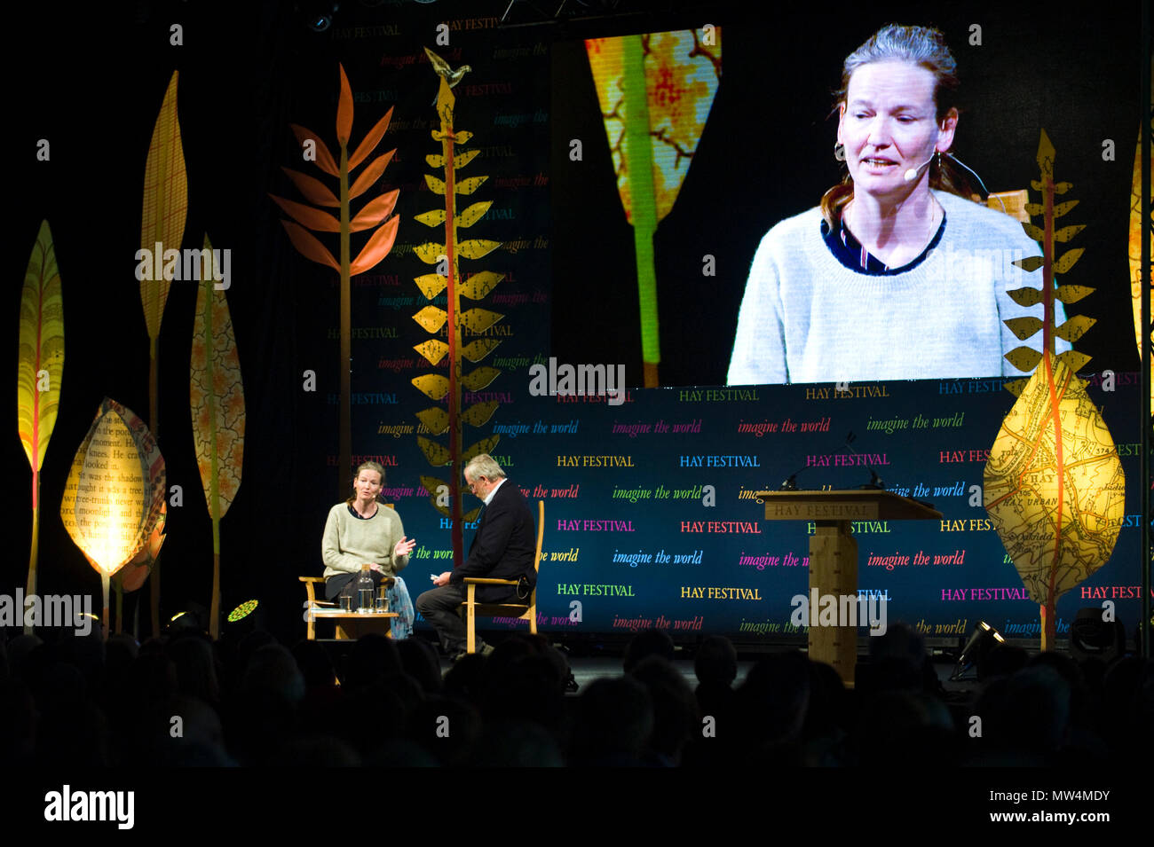 Rikke Schmidt Kjaergaard with Bill Bryson speaking on stage in the Tata Tent at Hay Festival 2018 Hay-on-Wye Powys Wales UK Stock Photo