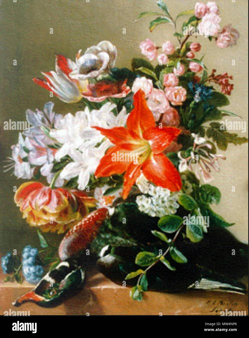 . Nederlands: Stilleven - bloemen met eend . before 1895. Francina Louise Schot (1816-1894) 215 Francina Louise Schot stilleven2 Stock Photo