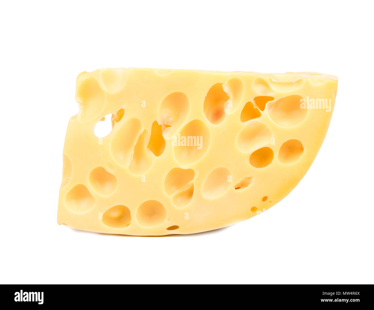 Slice of delicious cheese with holes isolated on white background Stock