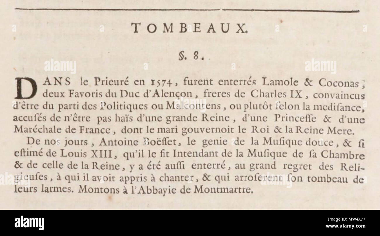 . Français : Extrait des Antiquités de Paris de Henri Sauval (1724) : vol. I p. 353. 11 October 2015, 18:40:26. Henri Sauval (1623-1676) 89 Boesset Montmartre Stock Photo