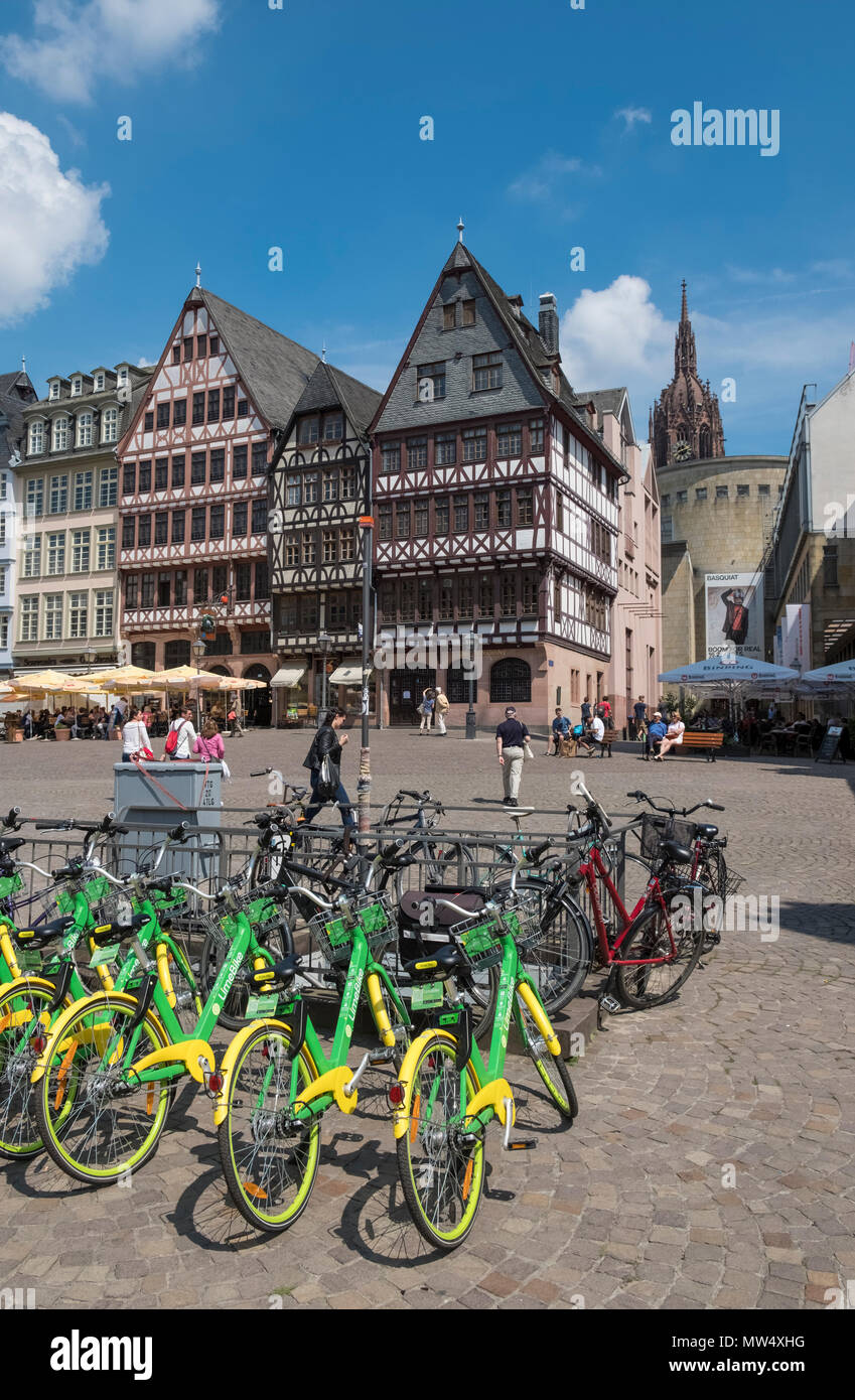 Traditional half timbered buildings, part of restoration work in the historic old town (Alstadt), Romerberg, Frankfurt am Main, Hesse, Germany. Stock Photo
