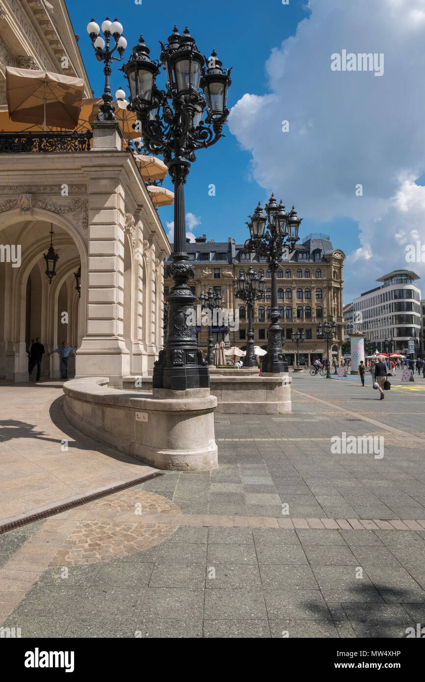 Modern and traditional architecture, including Alte Oper building, looking towards Opernplatz, Frankfurt am Main, Hesse, Darmstadt, Germany Stock Photo