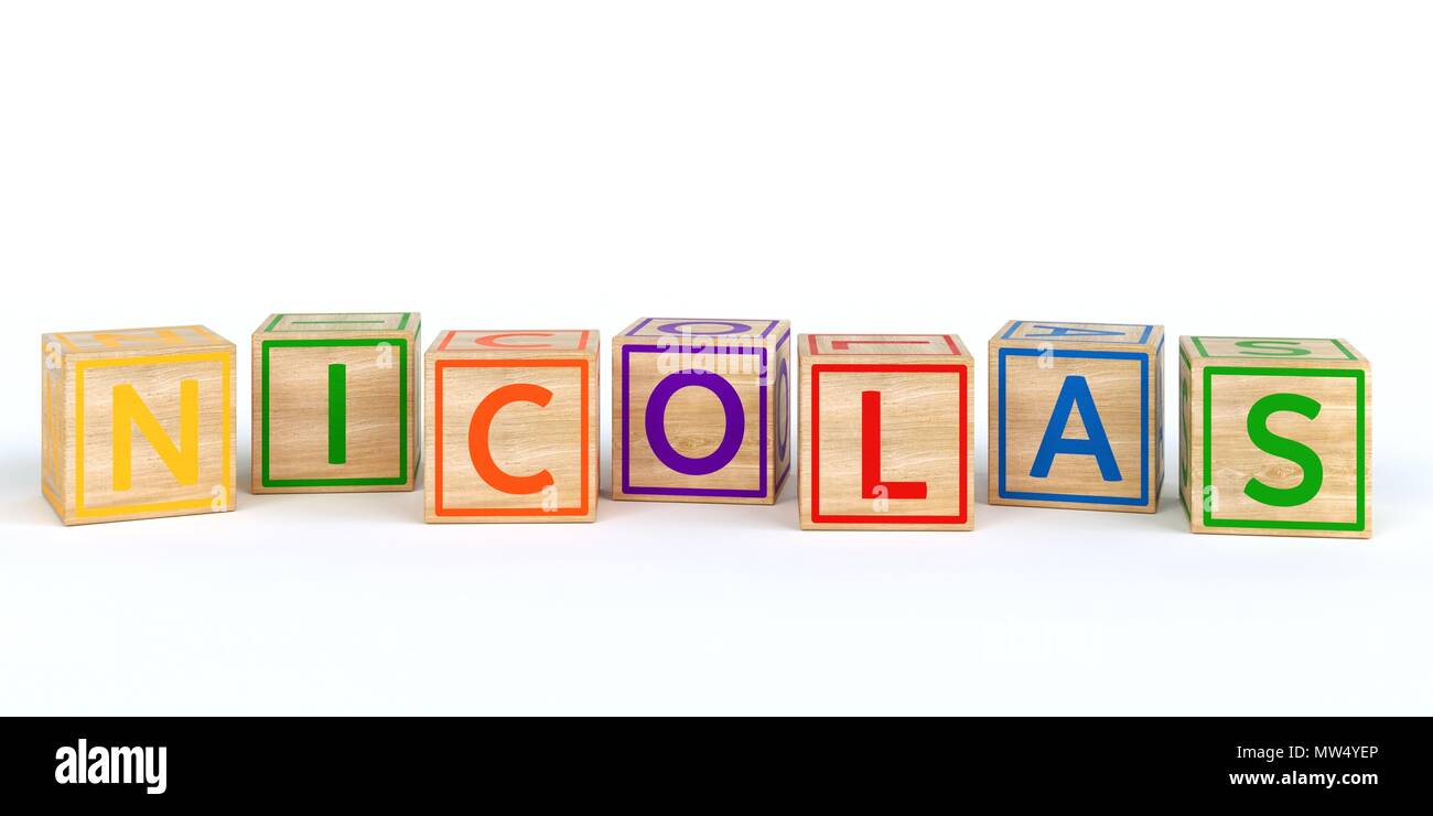 The Name Nicolas Written With Isolated Wooden Toy Cubes MW4YEP 