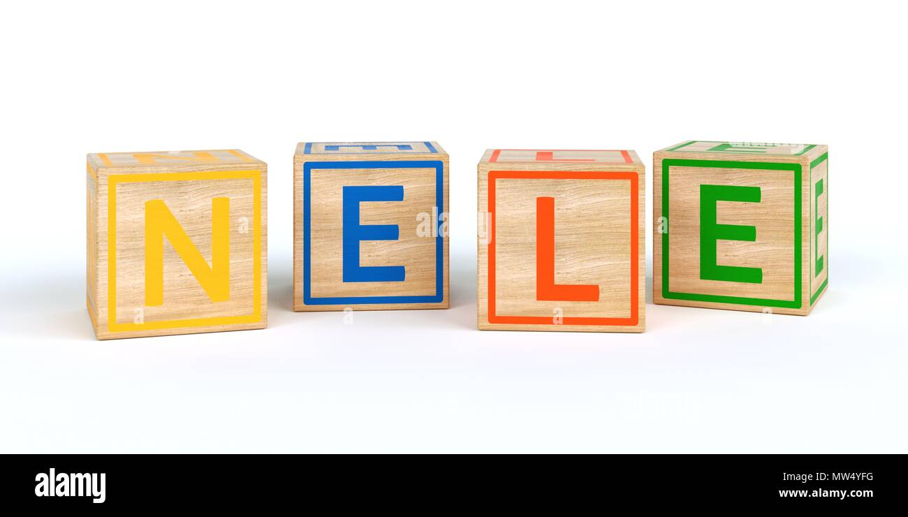 The name nele written with Isolated wooden toy cubes Stock Photo