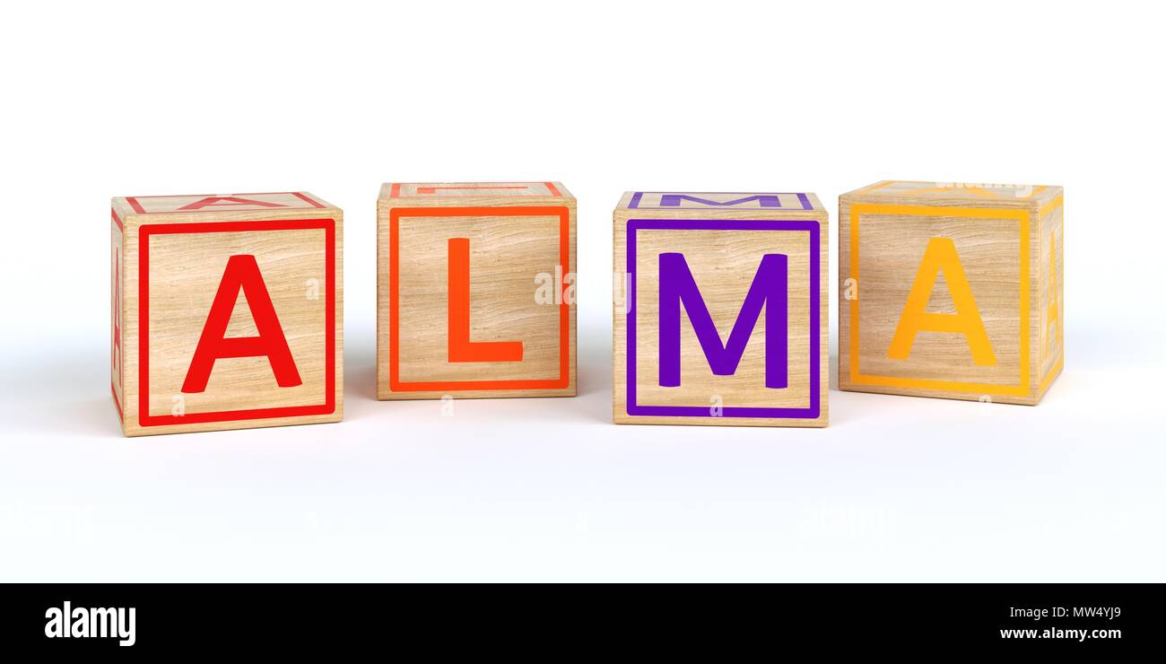 The name alma written with Isolated wooden toy cubes Stock Photo - Alamy