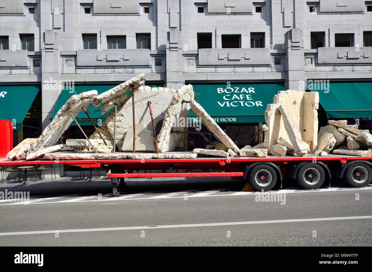 Truck with remains of reinforced concrete building materials in central Brussels, Belgium. Stock Photo