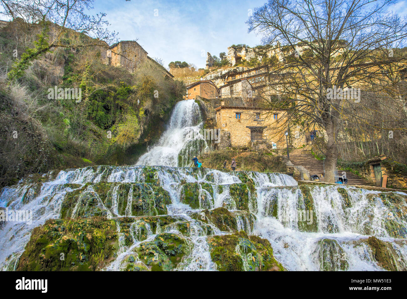 Spain Burgos Province Orbaneja Del Castillo City waterfall Stock spain-burgos-province-orbaneja-del-castillo-city-waterfall-stock