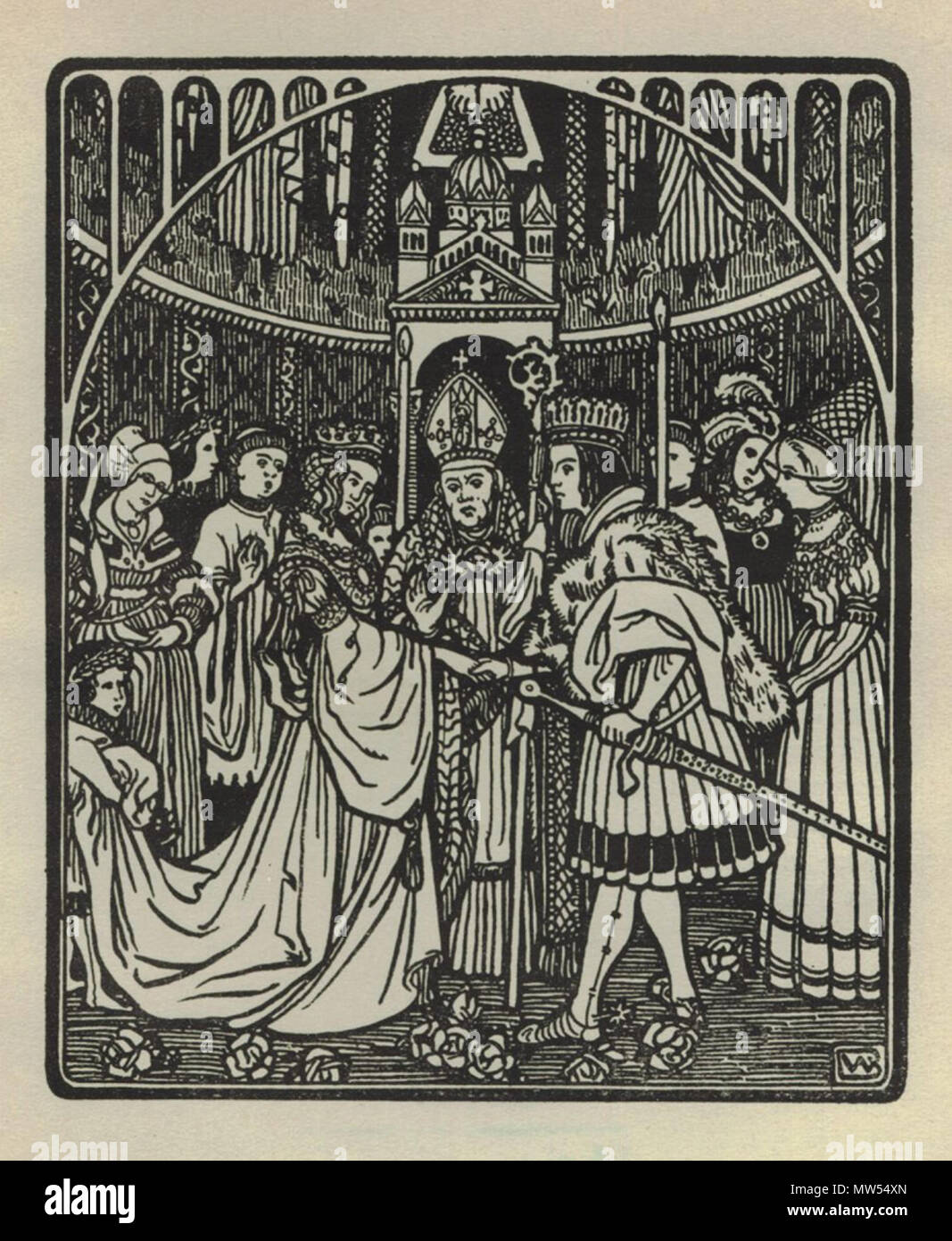 . English: Marriage of a king and queen, with a bishop officiating. Late 19th or early 20th century. Bernhard Wenig 85 Bishop, king and queen Stock Photo