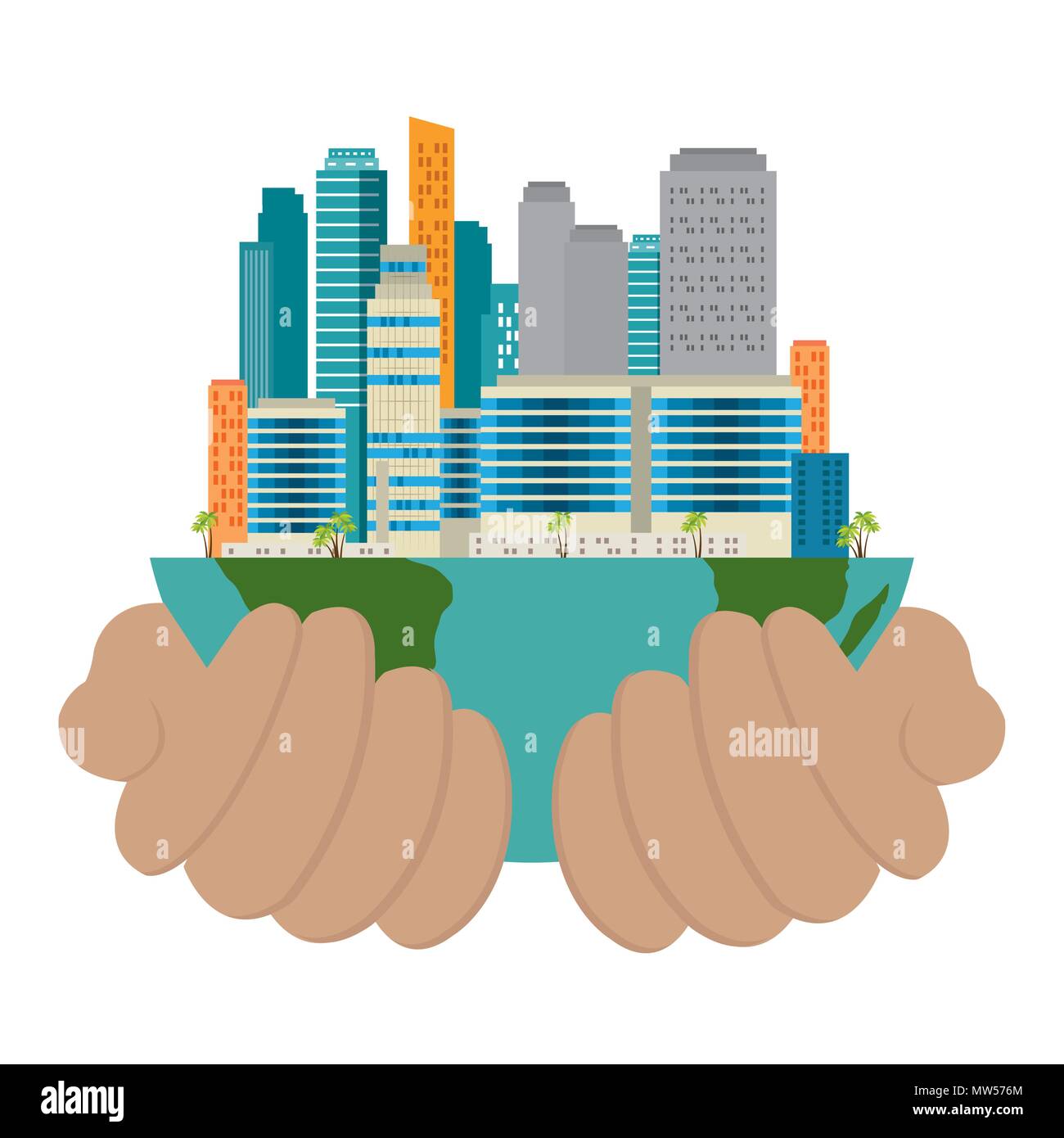 ecology green city scene with hands protection Stock Vector Image & Art ...