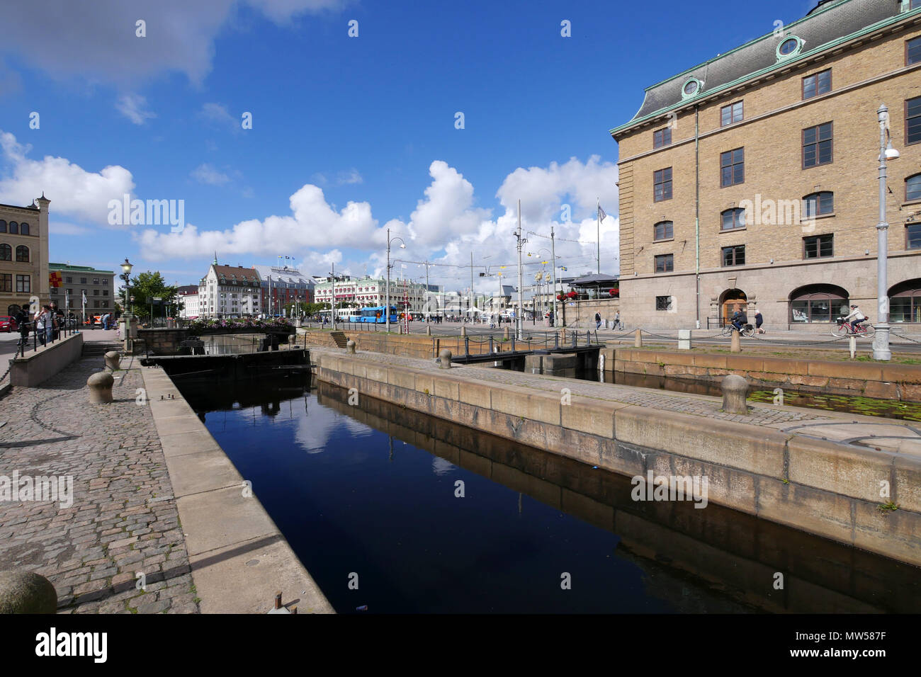 Over the canal to Central Station square, Gothenburg.  Trams pass Stock Photo