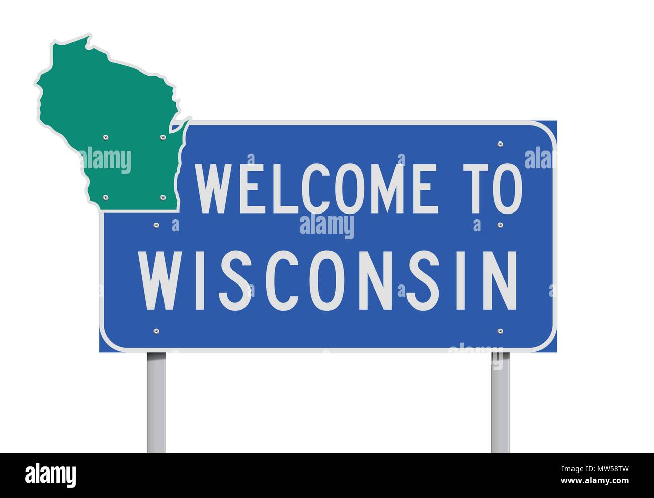 Vector illustration of the Welcome to Wisconsin blue road sign with green map Stock Vector