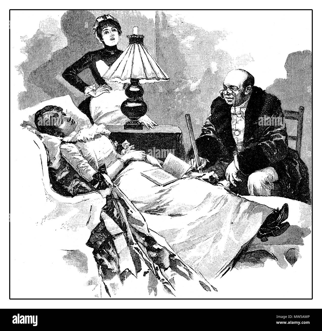 Doctor summoned from the maid at the bedside of the young lady with migraine Stock Photo
